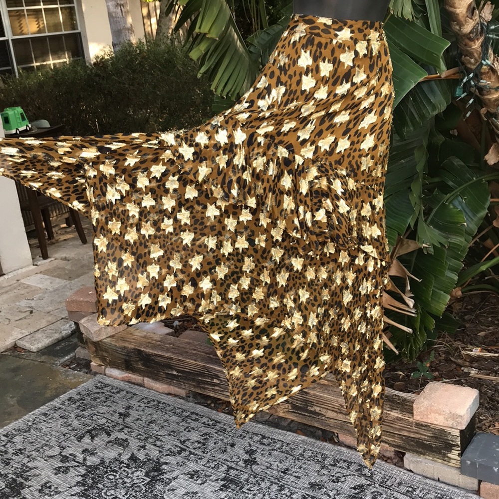 leopard print and metallic gold lurex  handkerchief  hem skirt